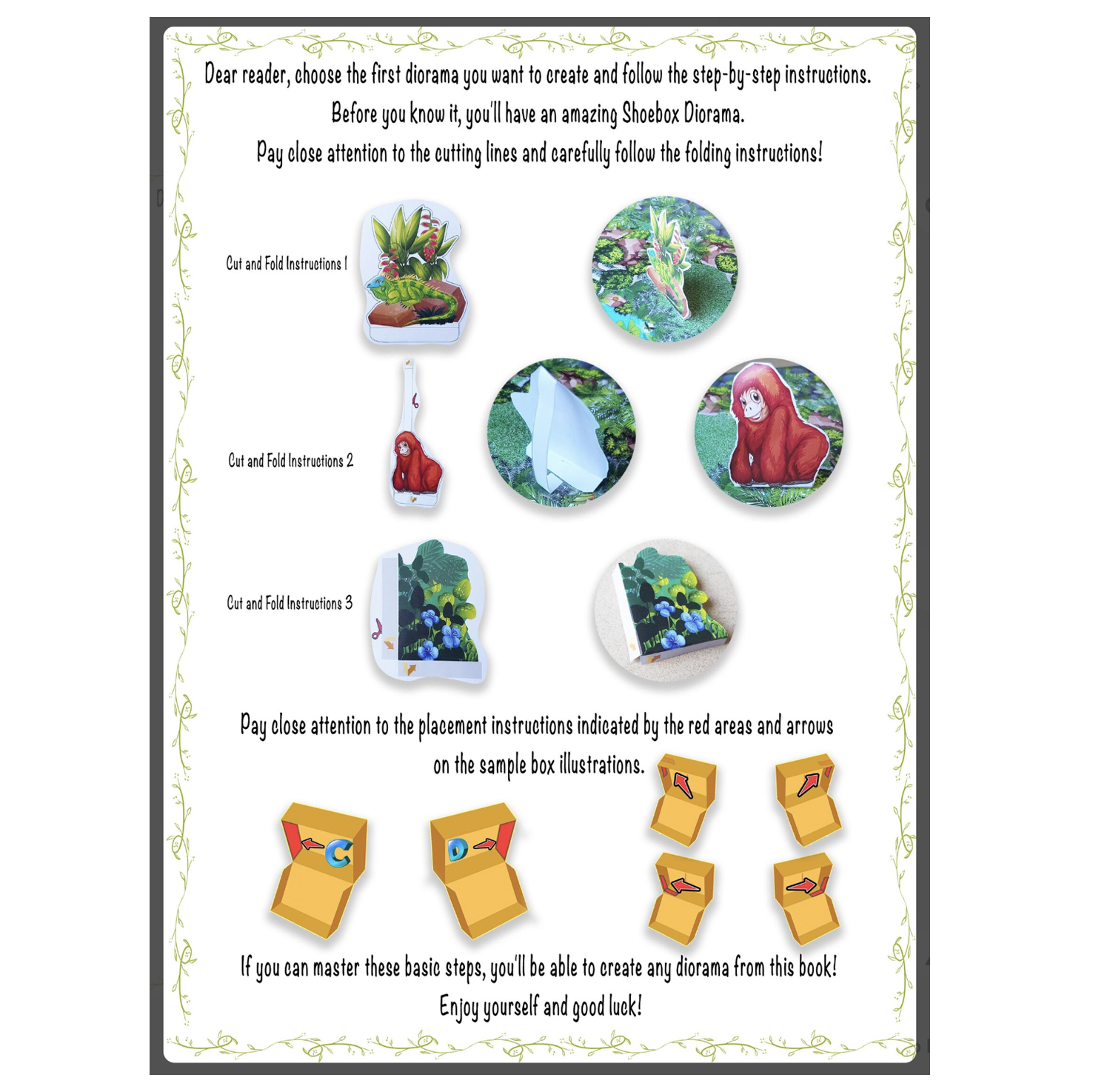 Rainforest shoebox diorama printable page with visual shoebox placement icon and arrow guide